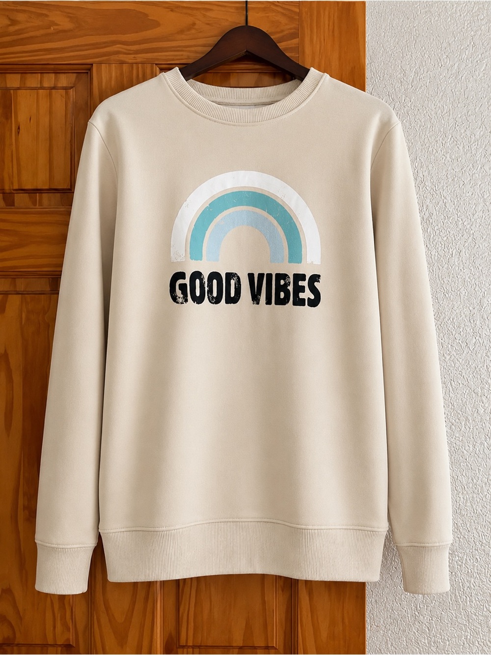 Good Vibes Beige Graphic Sweatshirt